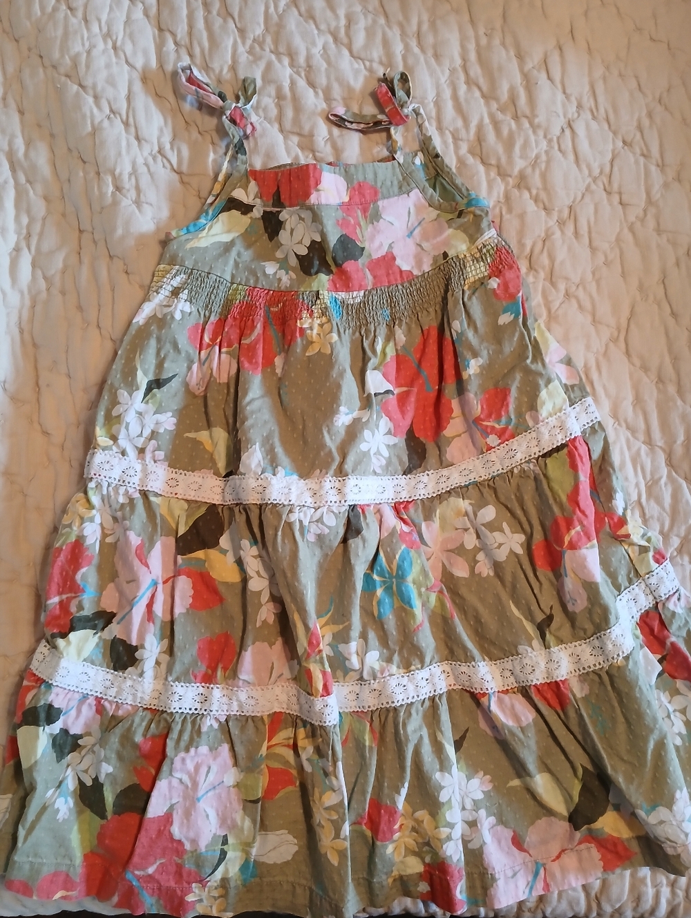 Girls Floral Tiered Sundress with Lace Trim